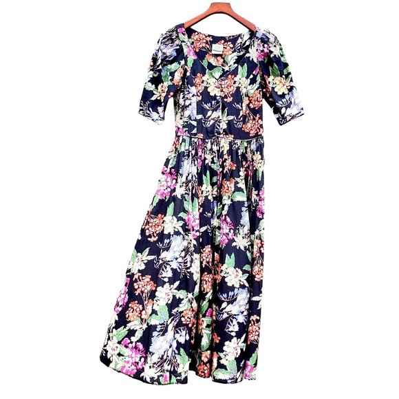 Vintage Laura Ashley Dress M Midi 80s 90s Black Cotton Big Print Floral - Picture 10 of 10